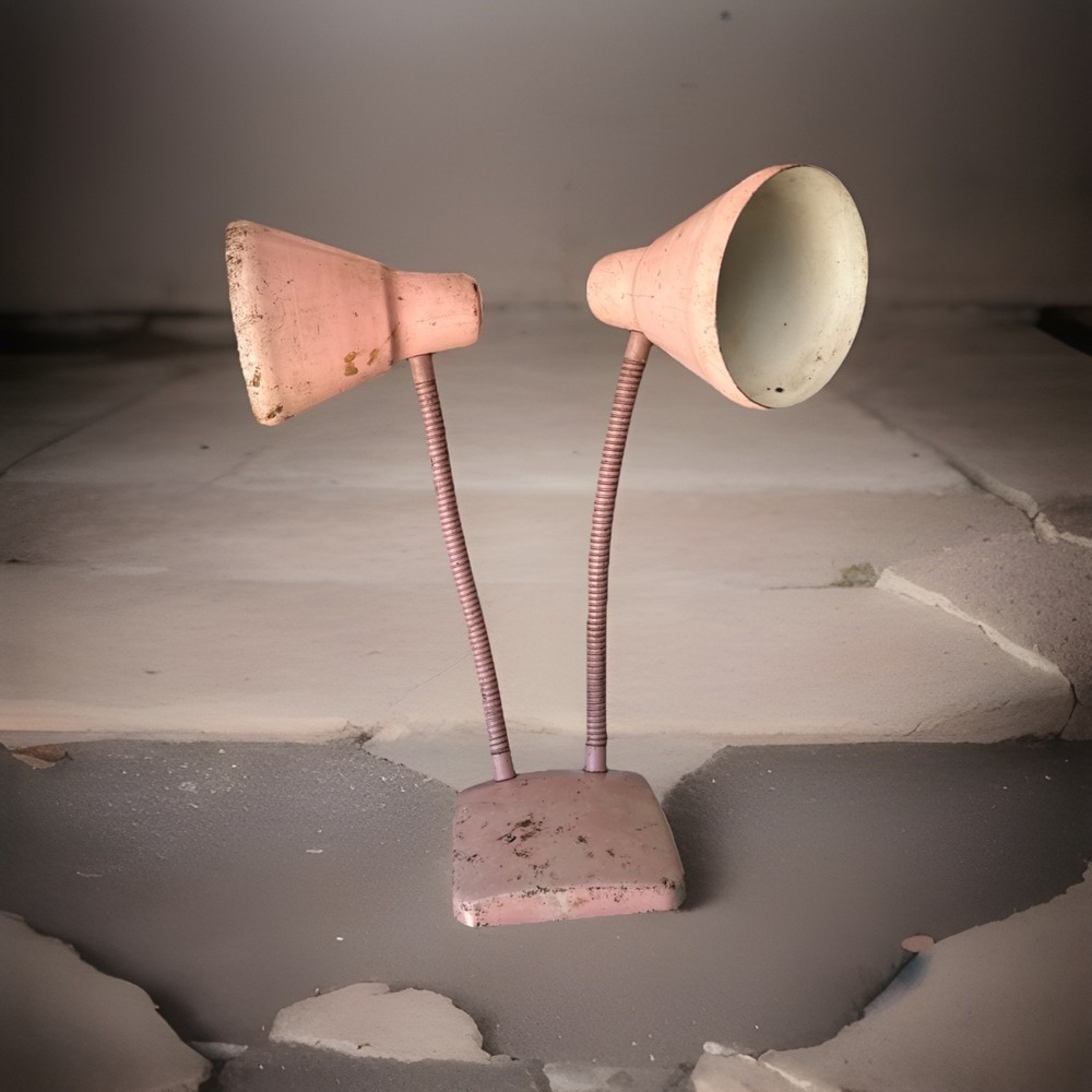 MCM Gooseneck Double Cone Adjustable Wall Table Lamp Dual Light Pink Atomic Prop